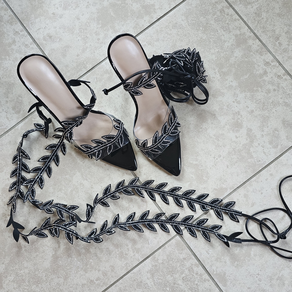 elegant black leaf wrap around heels